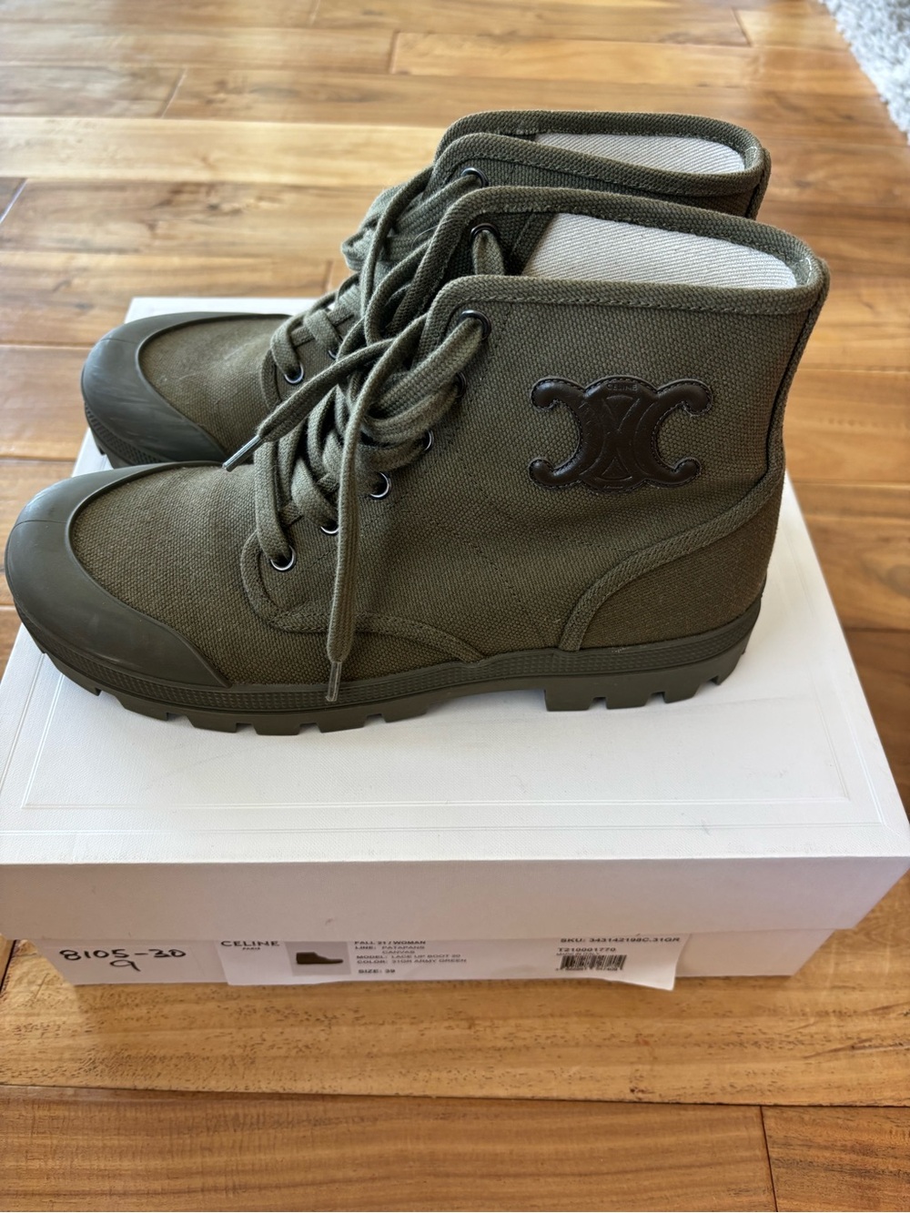 Celine Olive Green Canvas Lace-Up Boots